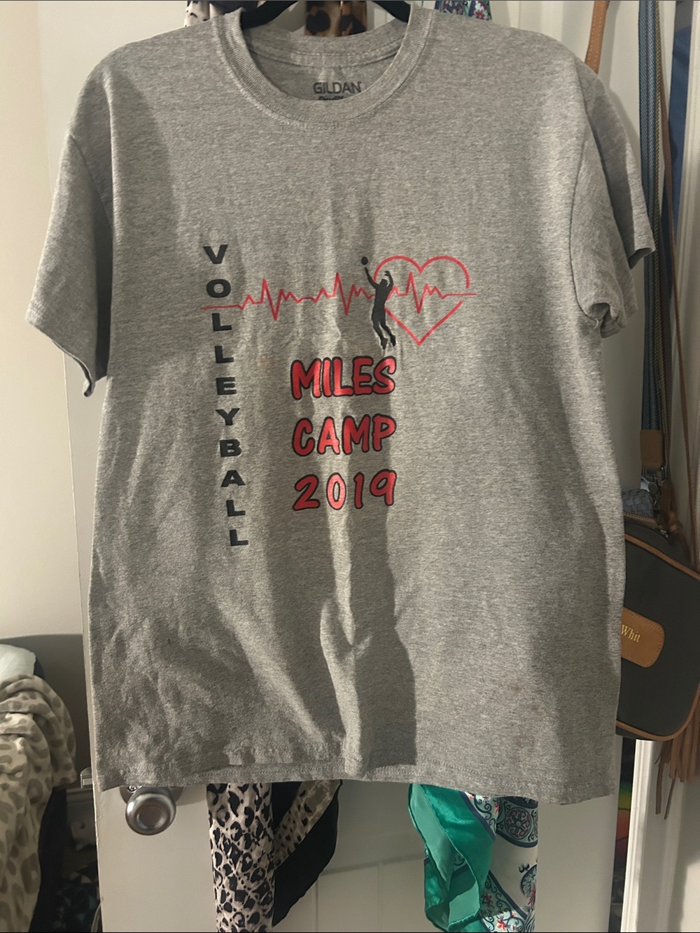 Gildan Gray Volleyball Tee with Red and Black Graphics